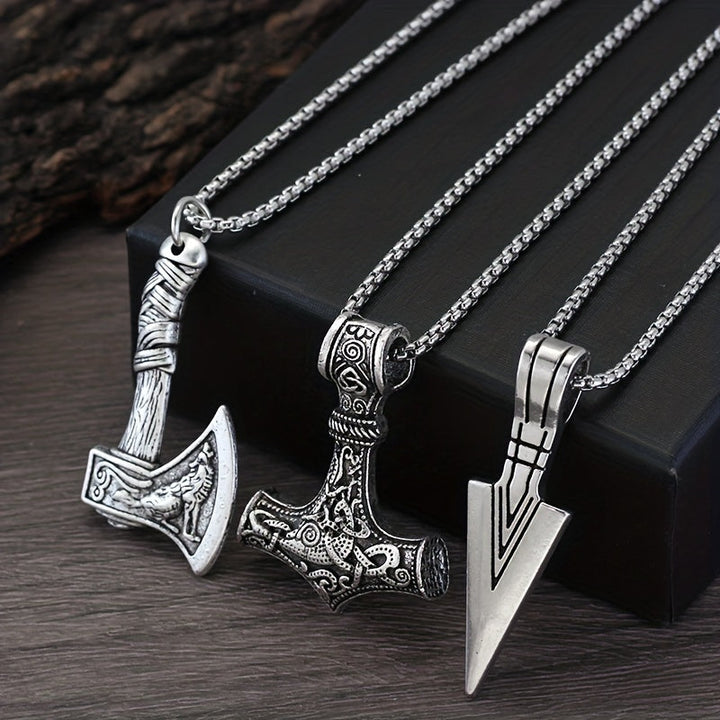 Heren Kettingenset | 3-Delige Viking Hangerkettingen | Noordse Symbolen & Cadeauset | Zilvergrijs Legering