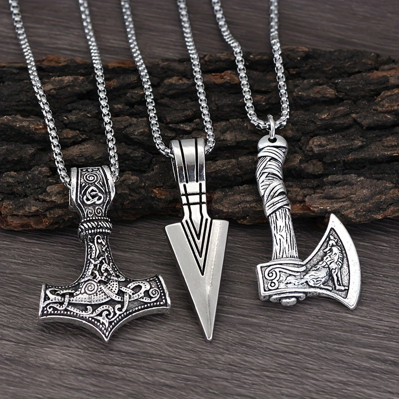 Heren Kettingenset | 3-Delige Viking Hangerkettingen | Noordse Symbolen & Cadeauset | Zilvergrijs Legering