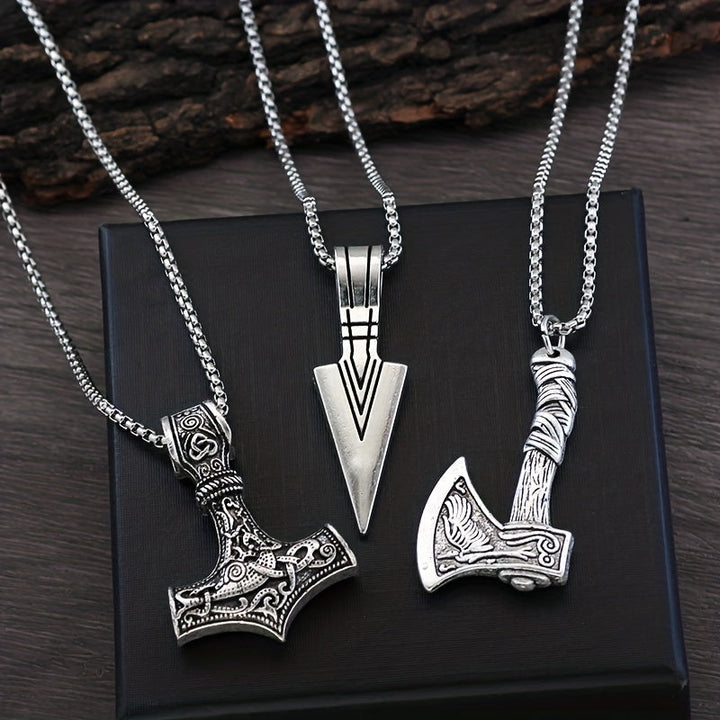 Heren Kettingenset | 3-Delige Viking Hangerkettingen | Noordse Symbolen & Cadeauset | Zilvergrijs Legering