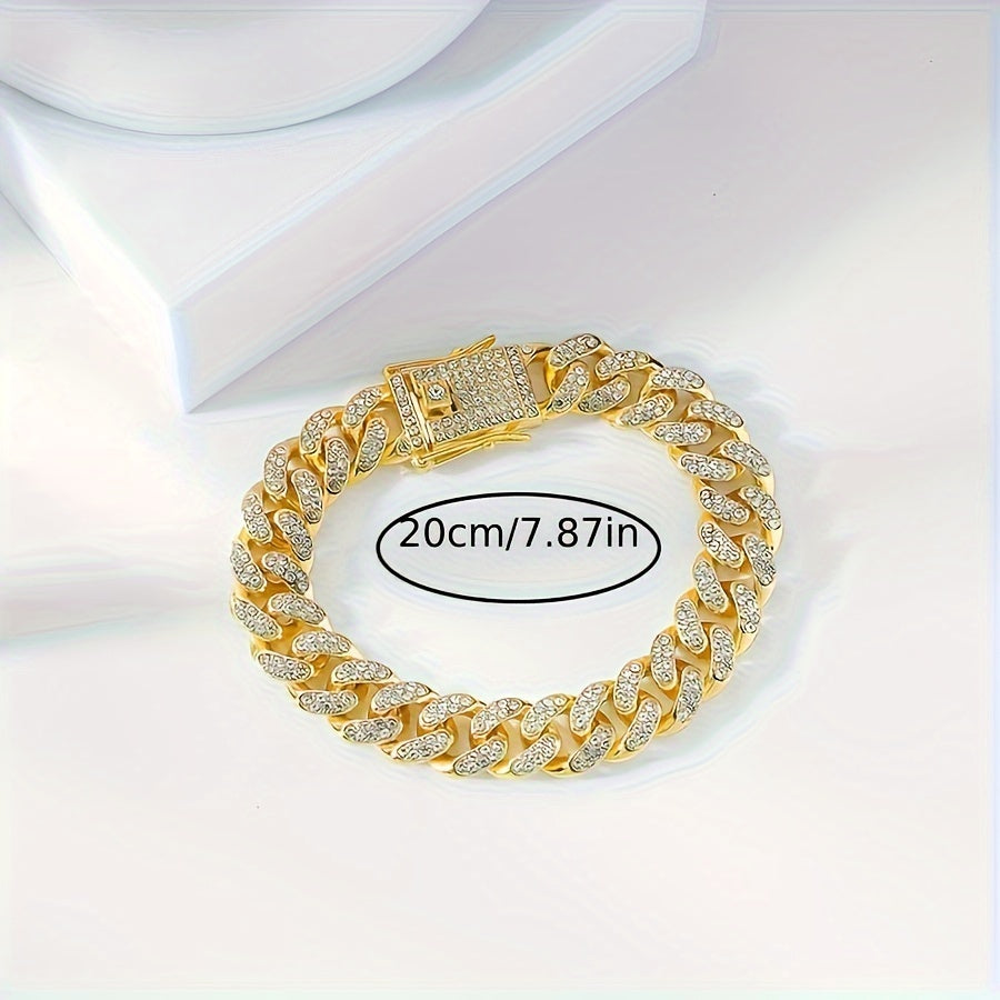 Heren Armband | Cuban Link | Volledig Bezet met Strass | Goudkleurige Zinklegering