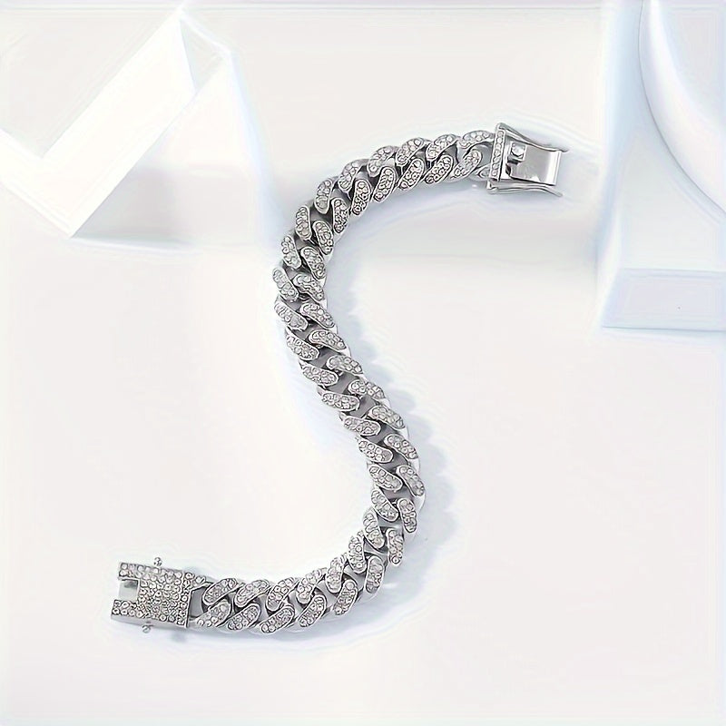 Heren Armband | Cuban Link | Volledig Bezet met Strass | Goudkleurige Zinklegering