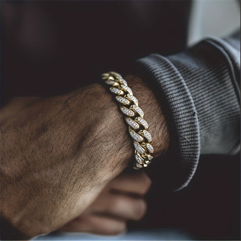 Heren Armband | Cuban Link | Volledig Bezet met Strass | Goudkleurige Zinklegering