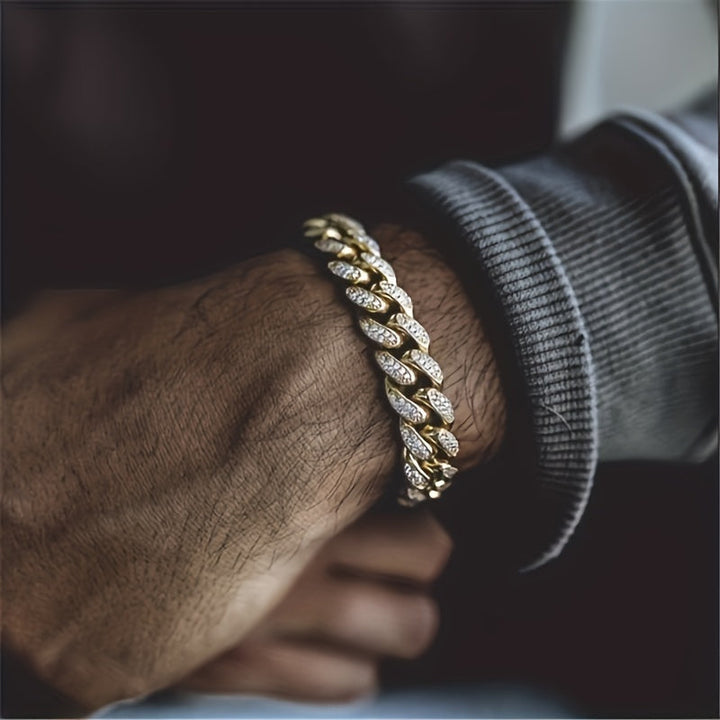 Heren Armband | Cuban Link | Volledig Bezet met Strass | Goudkleurige Zinklegering