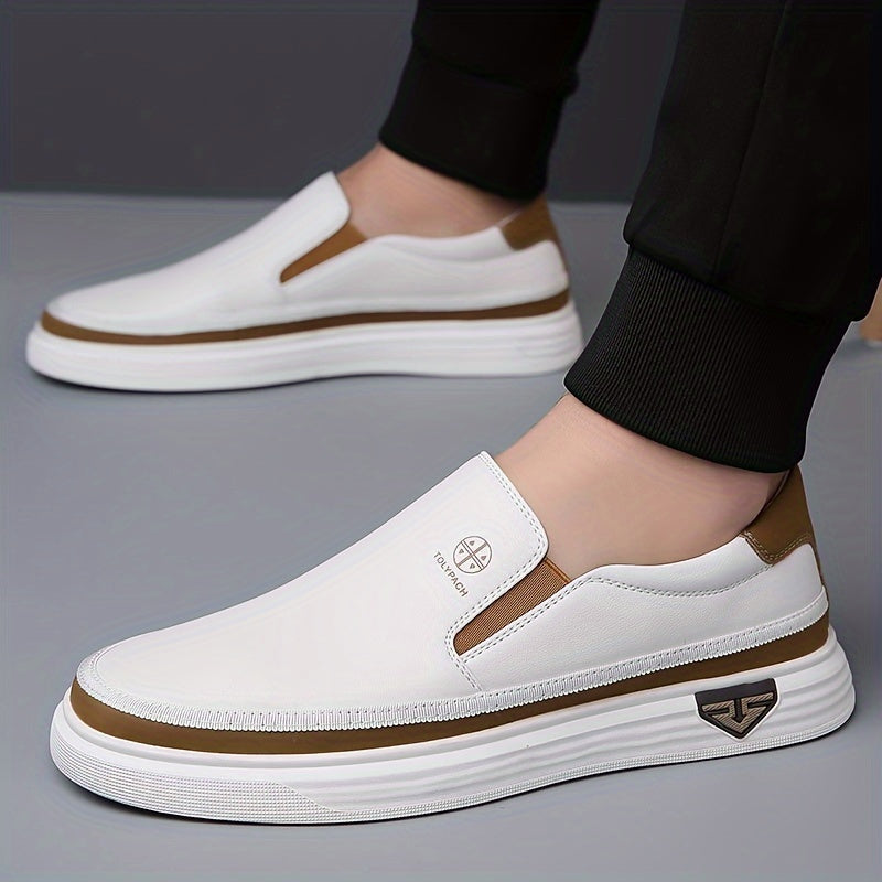 Heren Loafers | Slip-On & Decoratieve Stiksels | Antislip Rubberen Zool | Wit met Bruine & Gouden Accenten