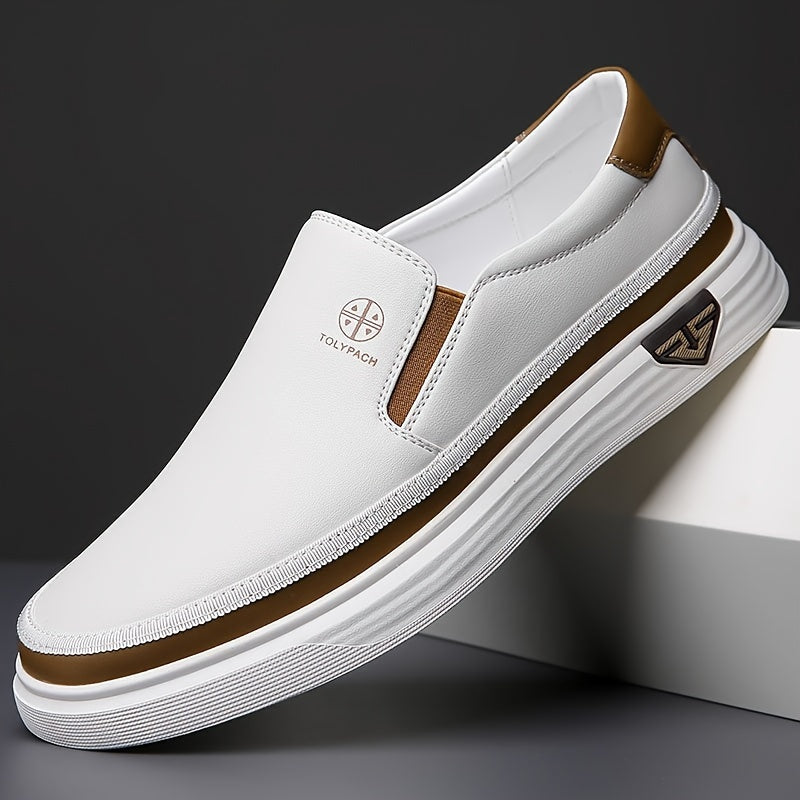 Heren Loafers | Slip-On & Decoratieve Stiksels | Antislip Rubberen Zool | Wit met Bruine & Gouden Accenten