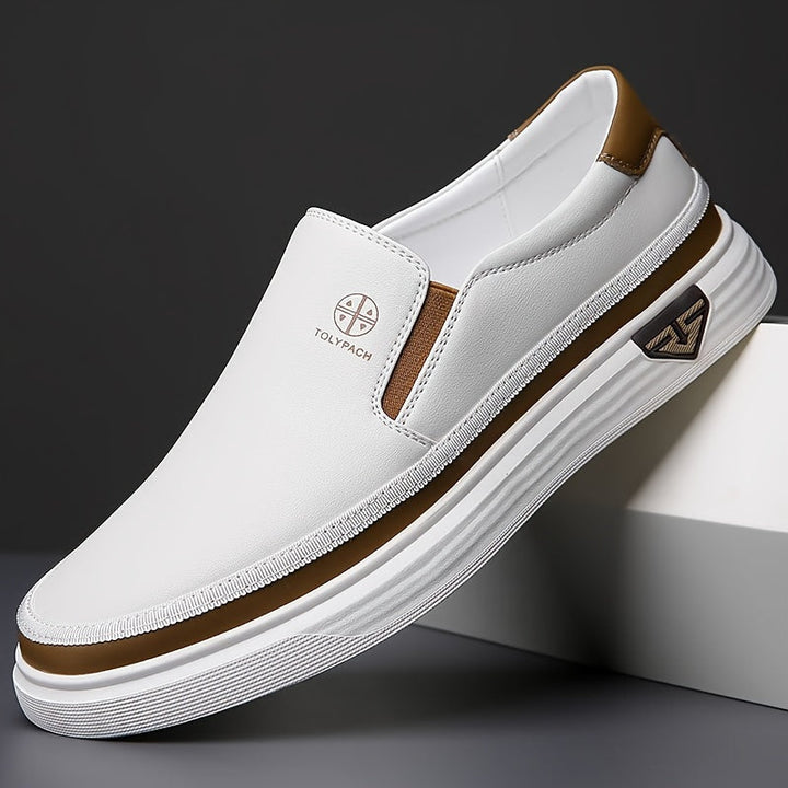 Heren Loafers | Slip-On & Decoratieve Stiksels | Antislip Rubberen Zool | Wit met Bruine & Gouden Accenten