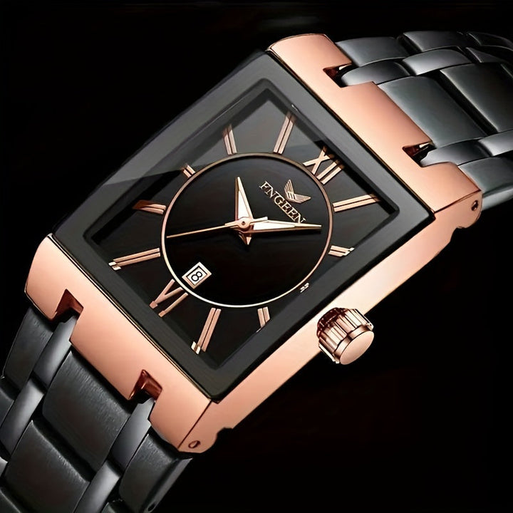 Herenhorloge | Vierkante Wijzerplaat met Stopwatch | Quartz & Kalender | Roestvrijstalen Mesh Band | Waterbestendig