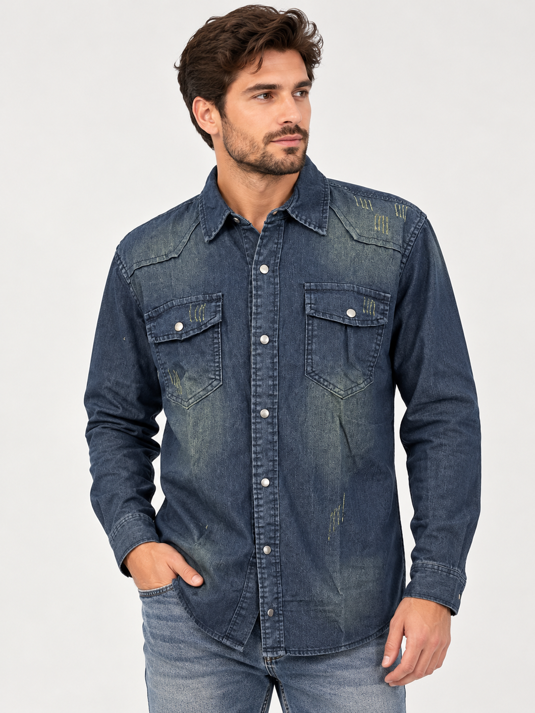 Denim overhemd heren slim fit in donker-blauw