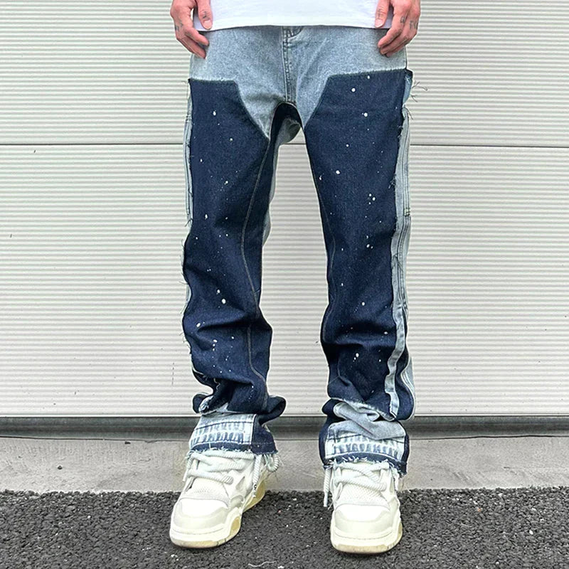 Heren Jeans | Flared Fit & Ink Spat Print | Patchwork Design | Retro Streetwear Stijl