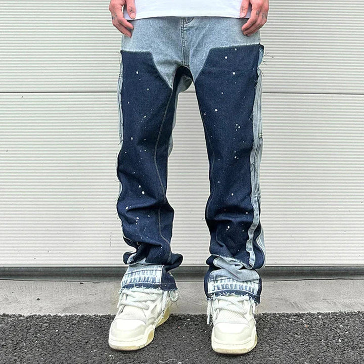 Heren Jeans | Flared Fit & Ink Spat Print | Patchwork Design | Retro Streetwear Stijl