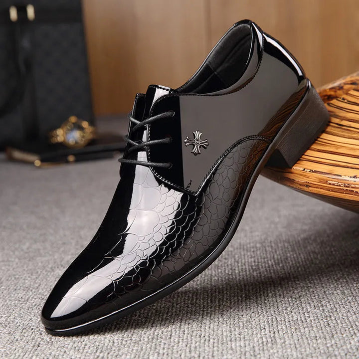 Heren schoenen | Hoogglans Zwart | Elegant & Formeel | Croco Detail & Antislip