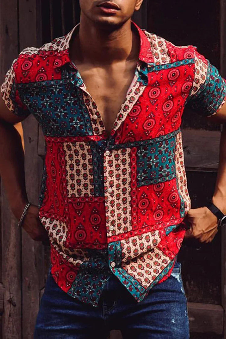Heren Boho Overhemd | Kleurrijke Print | Relaxed Fit & Campkraag | Festival Look