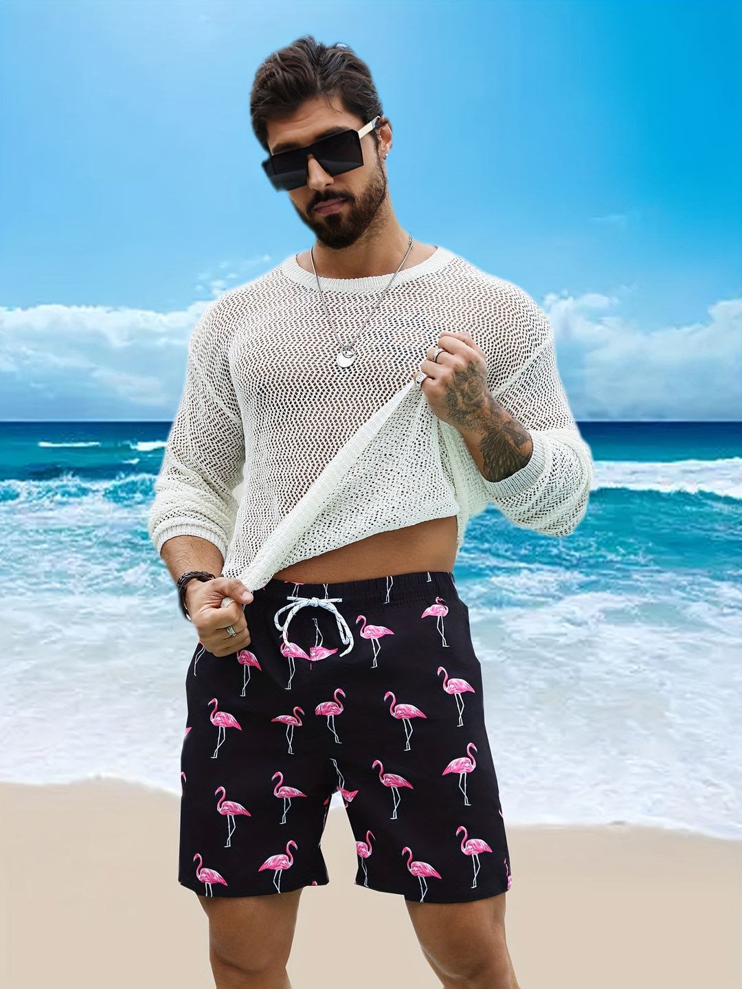 Heren Strandshorts | Gradiëntkleuren & Flamingo-Print | Causal zomerse stijl