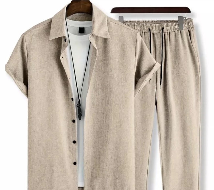Heren Zomer Set | Revers Overhemd & Trekkoord Broek | Licht Stretch | Polyester