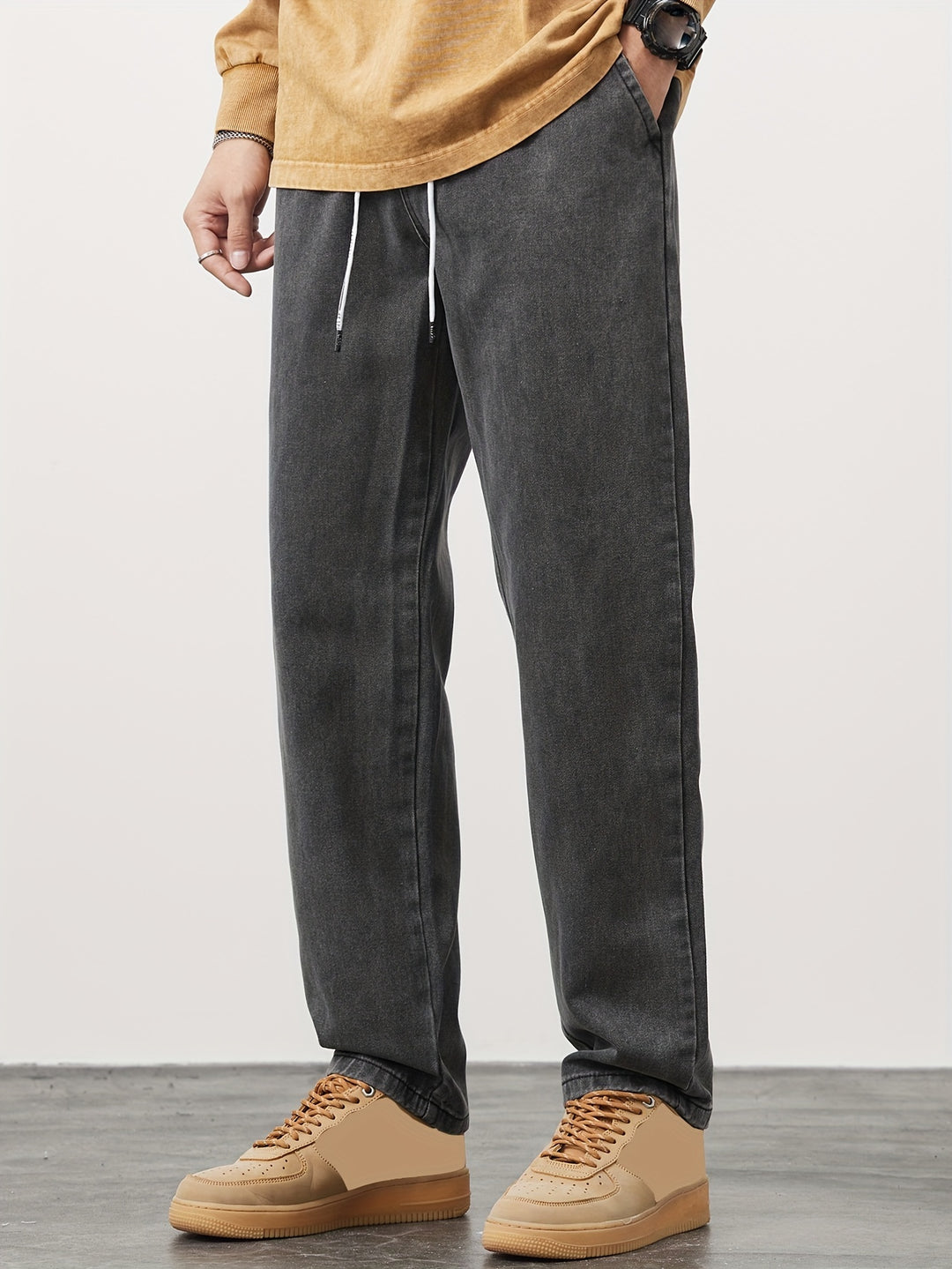 Heren Denim Broek | Gewassen Look met Zakken | Trekkoord & Rechte Pijp | Casual & Outdoor