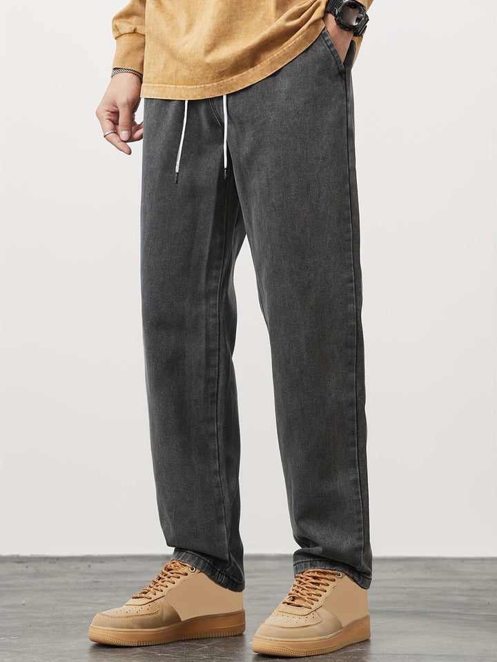 Heren Denim Broek | Gewassen Look met Zakken | Trekkoord & Rechte Pijp | Casual & Outdoor