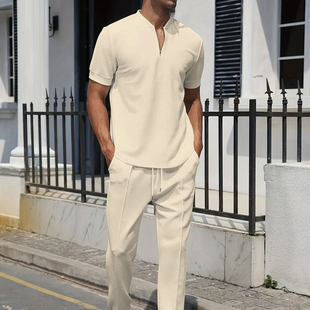 Heren Set | Casual Twee-Delige Set | Grijze V-hals T-shirt & Broek met Zak