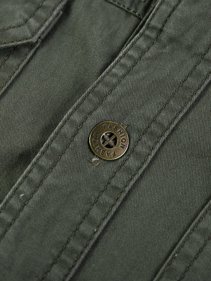 Heren Cargo Shirt | Lange Mouwen | Retro Knop Omhoog Collier | Effen Kleur & Elastisch