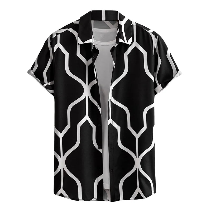 Heren Shirt | Abstracte Lijnprint | Open Kraag | Zomer