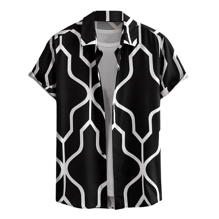 Heren Shirt | Abstracte Lijnprint | Open Kraag | Zomer