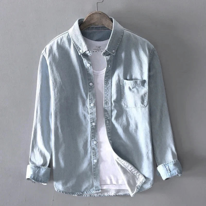 Heren Denim Overhemd | Button Overhemd | Borstzak | Gewassen Look