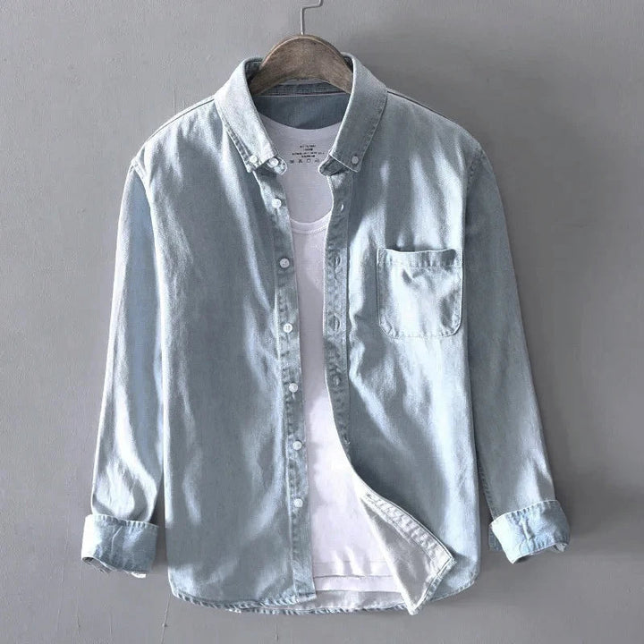Heren Denim Overhemd | Button Overhemd | Borstzak | Gewassen Look