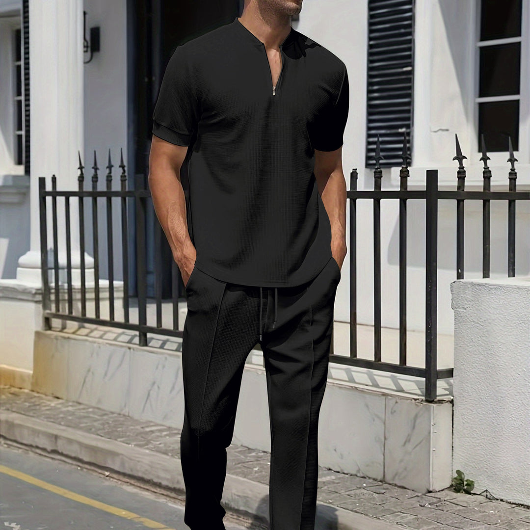Heren Set | Casual Twee-Delige Set | Grijze V-hals T-shirt & Broek met Zak