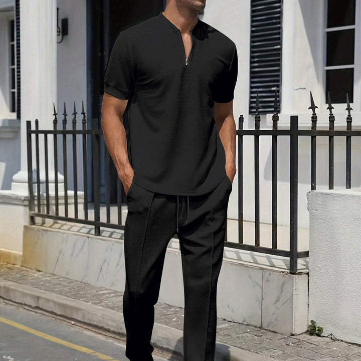 Heren Set | Casual Twee-Delige Set | Grijze V-hals T-shirt & Broek met Zak