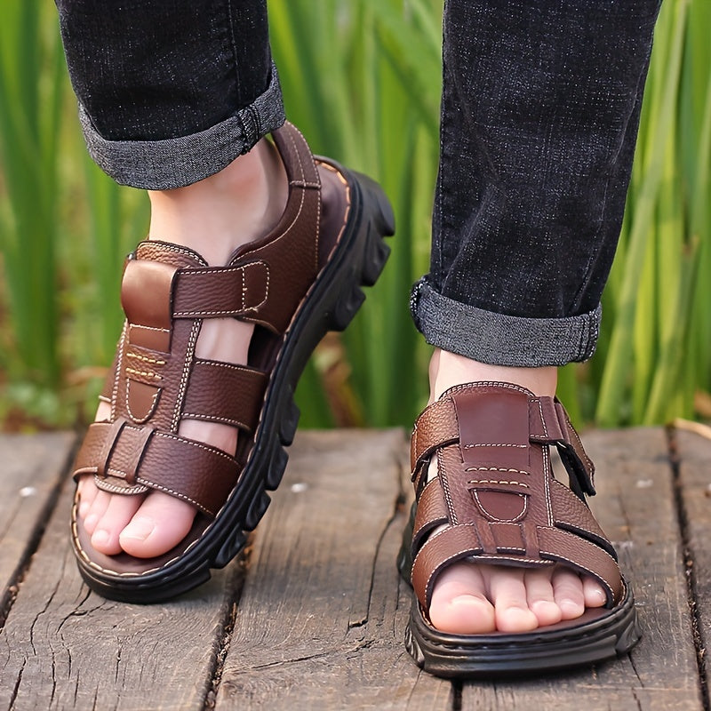Heren Sandalen | Open Teen & Klittenband | Comfortabel & Antislip | Rundleer & Rubber Zool