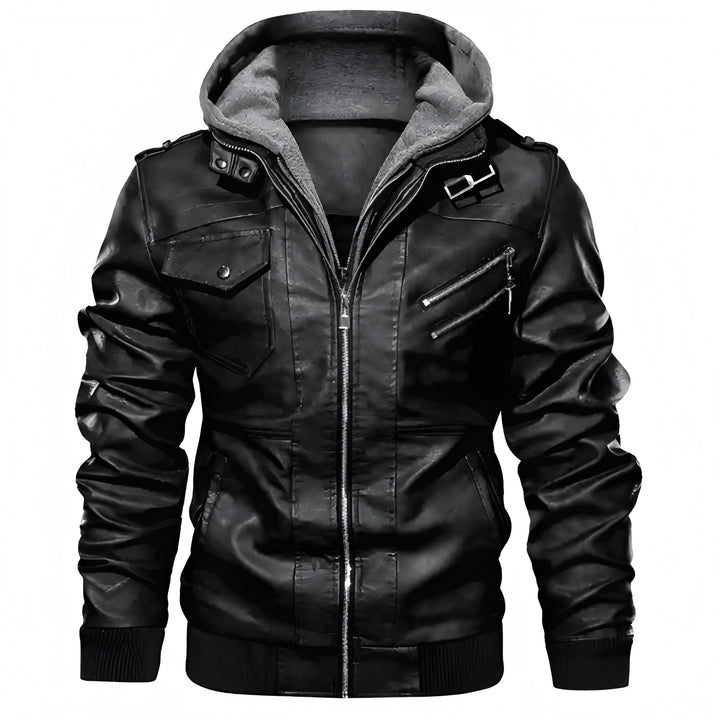 Heren Motorjack | PU Leer & Capuchon | Slim Fit Windbreaker | Fleecevoering voor Winter