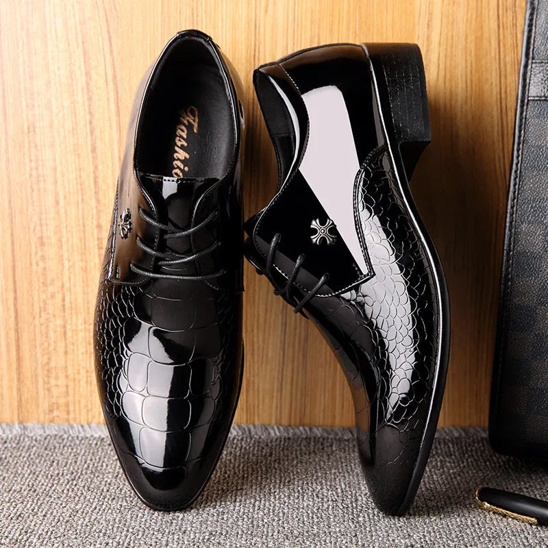 Heren schoenen | Hoogglans Zwart | Elegant & Formeel | Croco Detail & Antislip