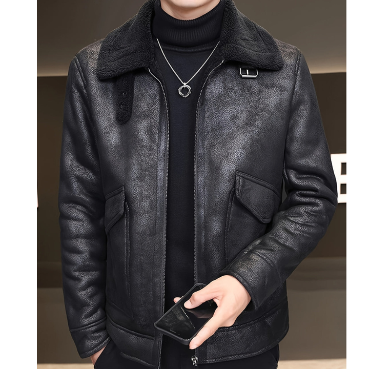 Winterjas Heren | Leren Look Jas met Bontkraag | Warme Voering & Ritssluiting