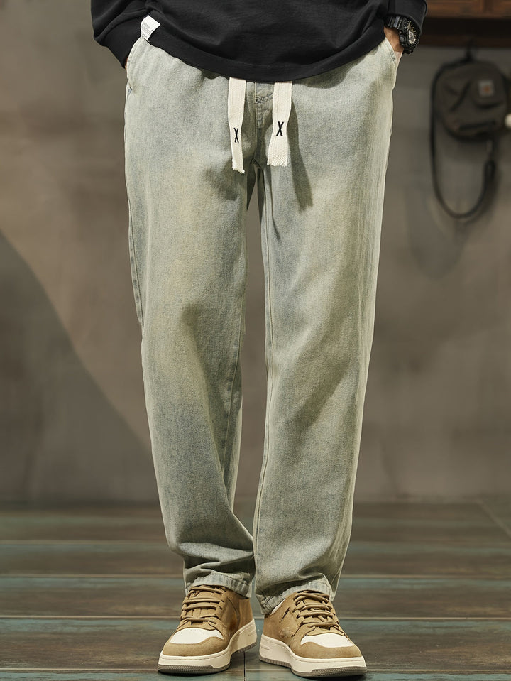Heren Denim Broek | Gewassen Look & Trekkoord | Rechte Pijp met Zakken | Casual