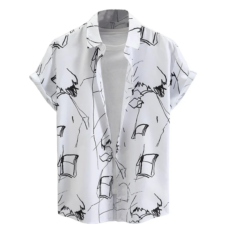 Heren Shirt | Abstracte Lijnprint | Open Kraag | Zomer