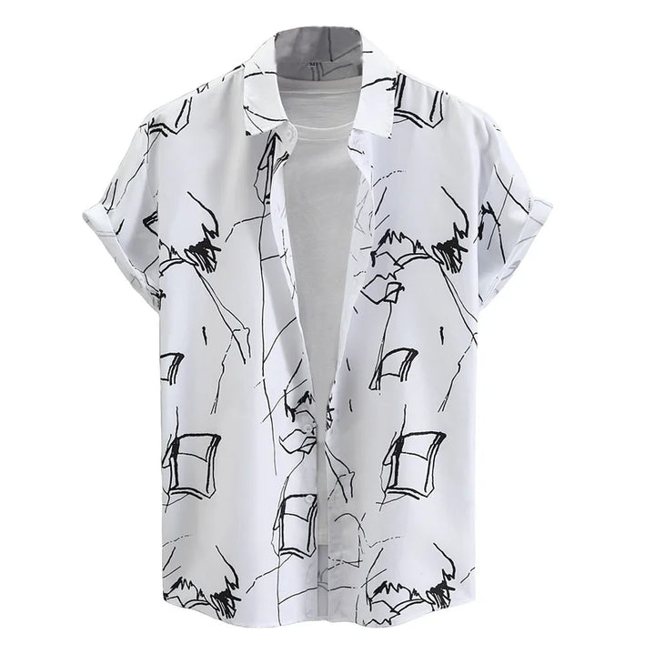 Heren Shirt | Abstracte Lijnprint | Open Kraag | Zomer