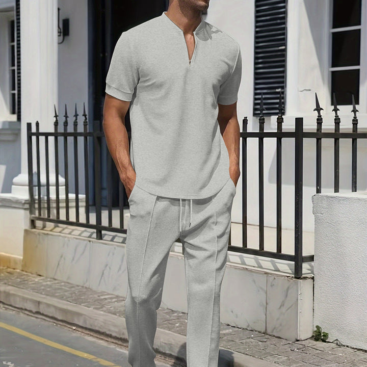 Heren Set | Casual Twee-Delige Set | Grijze V-hals T-shirt & Broek met Zak