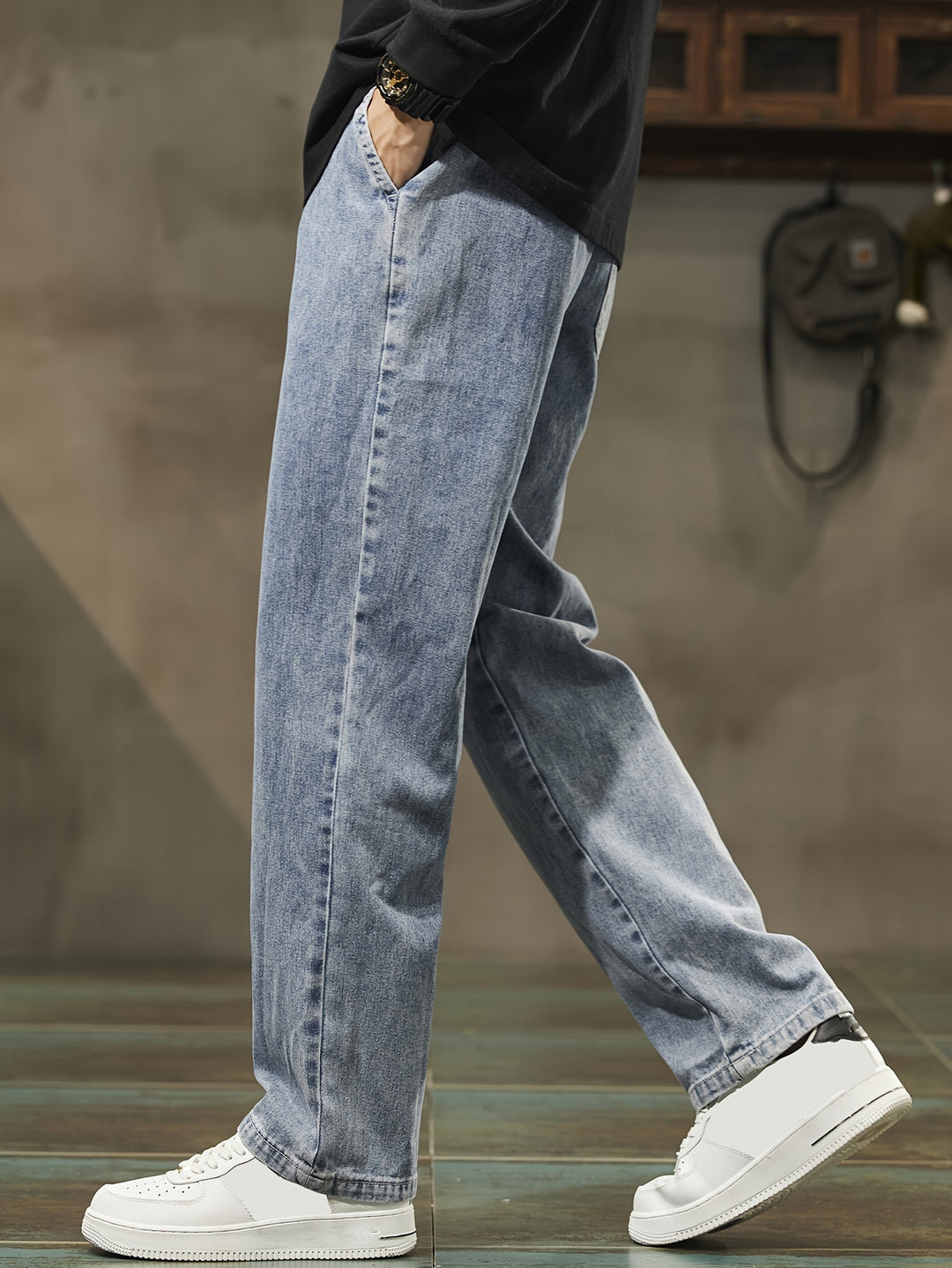 Heren Denim Broek | Gewassen Look & Trekkoord | Rechte Pijp met Zakken | Casual