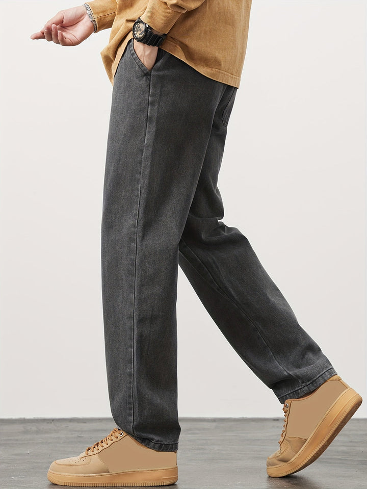 Heren Denim Broek | Gewassen Look met Zakken | Trekkoord & Rechte Pijp | Casual & Outdoor