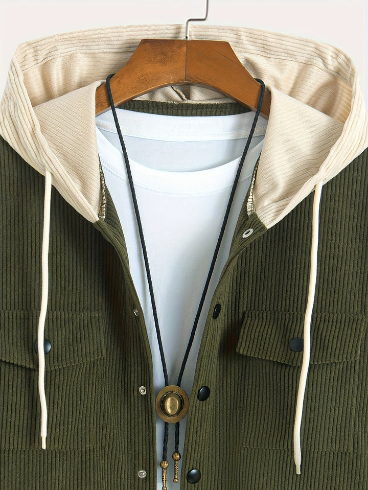 Heren Corduroy Hooded Jacket | Losse Pasvorm & Warm | Knoopsluiting & Trekkoord | Herfst & Winter
