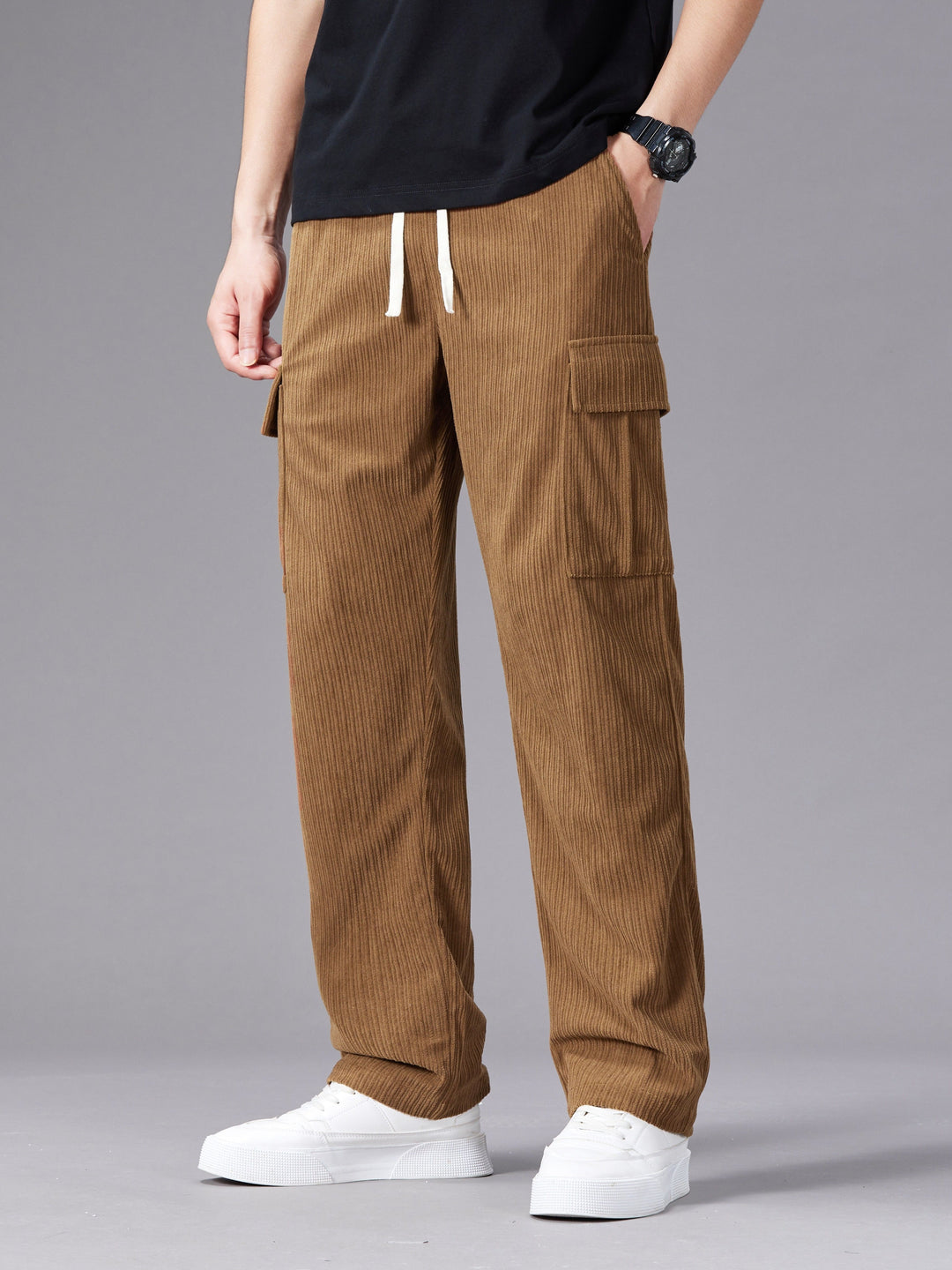 Heren Cargo Broek | Trekkoord Taille | Meerdere Zakken | Effen Outdoor Stijl