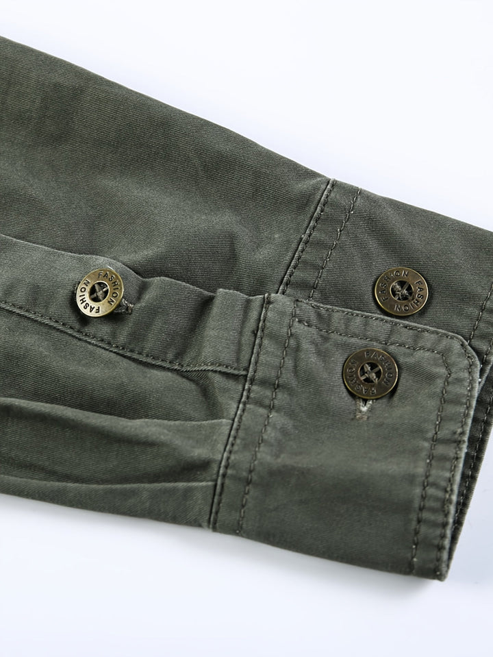 Heren Cargo Shirt | Lange Mouwen | Retro Knop Omhoog Collier | Effen Kleur & Elastisch