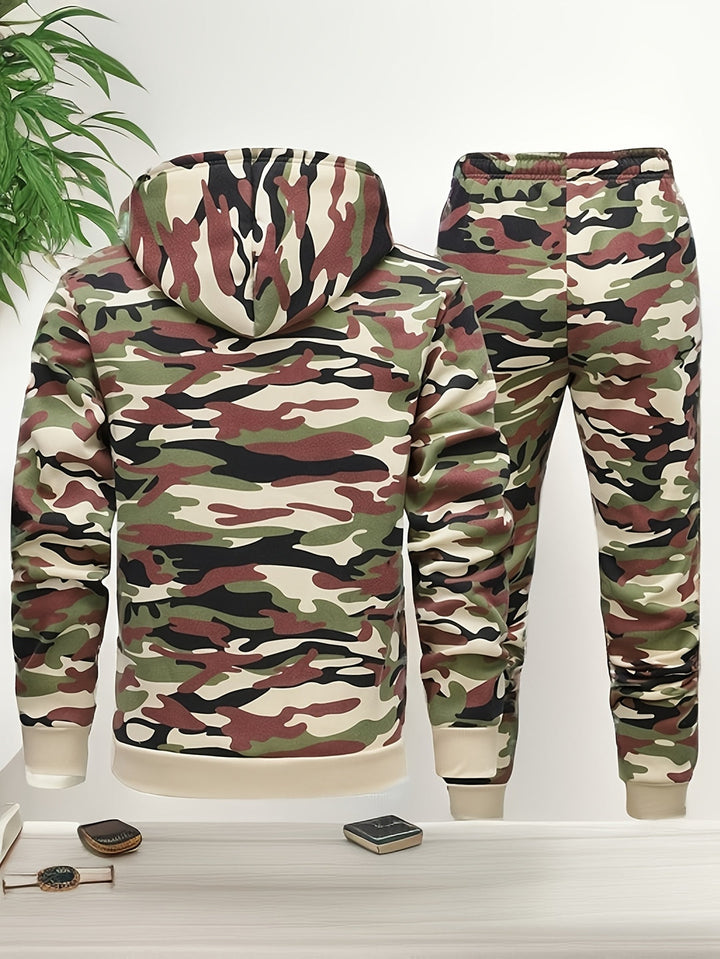 Heren Camouflage Hoodie en Sportpak | Gebreid Polyester | Lange Mouwen | Trekkoord Tailleband
