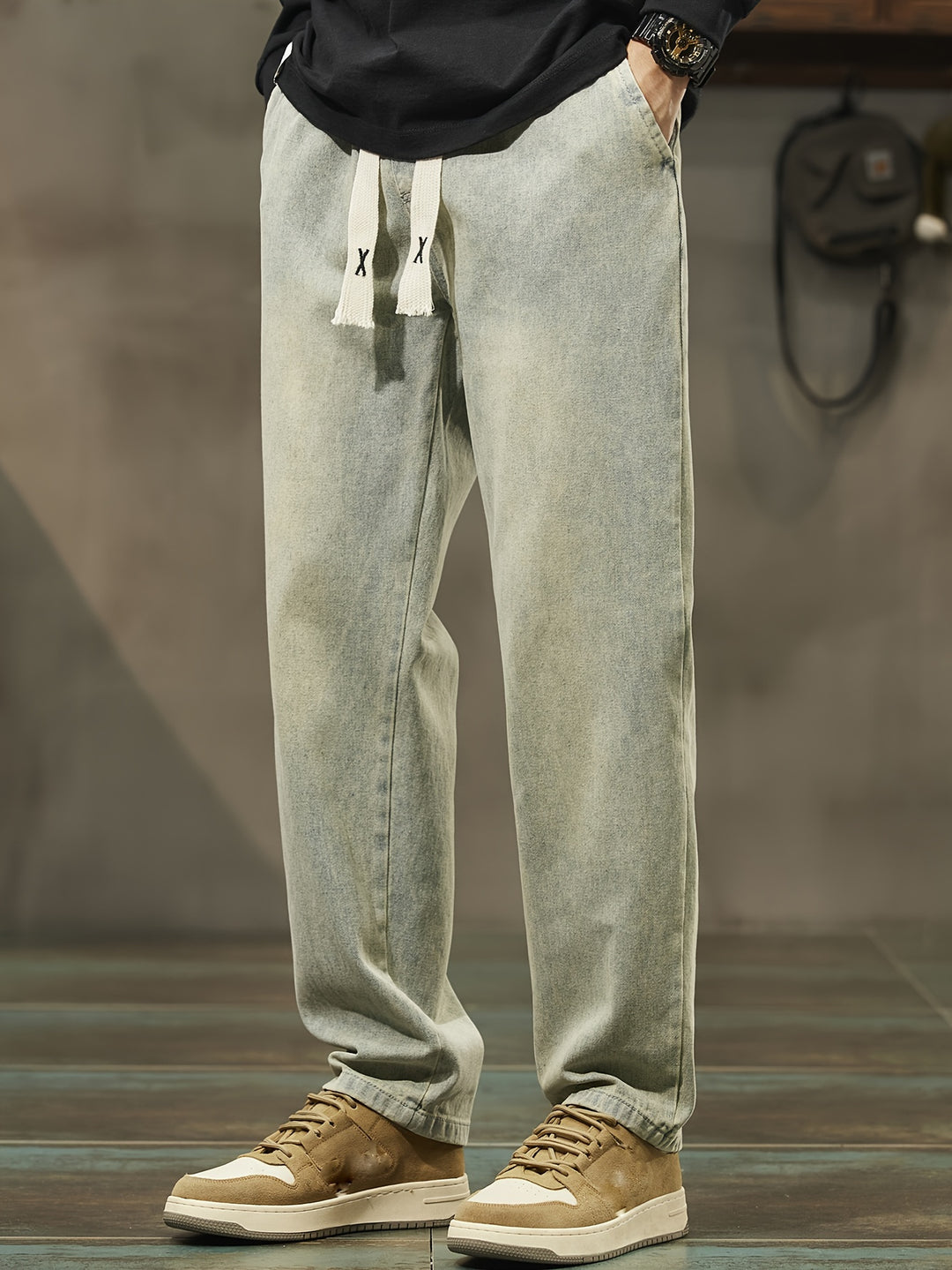 Heren Denim Broek | Gewassen Look & Trekkoord | Rechte Pijp met Zakken | Casual