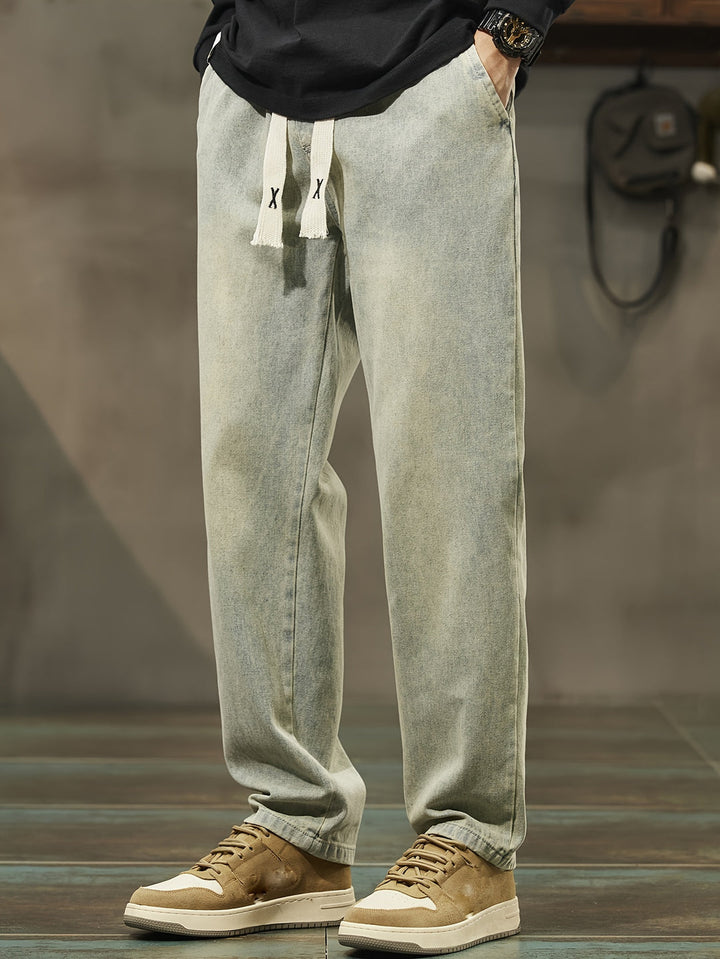 Heren Denim Broek | Gewassen Look & Trekkoord | Rechte Pijp met Zakken | Casual