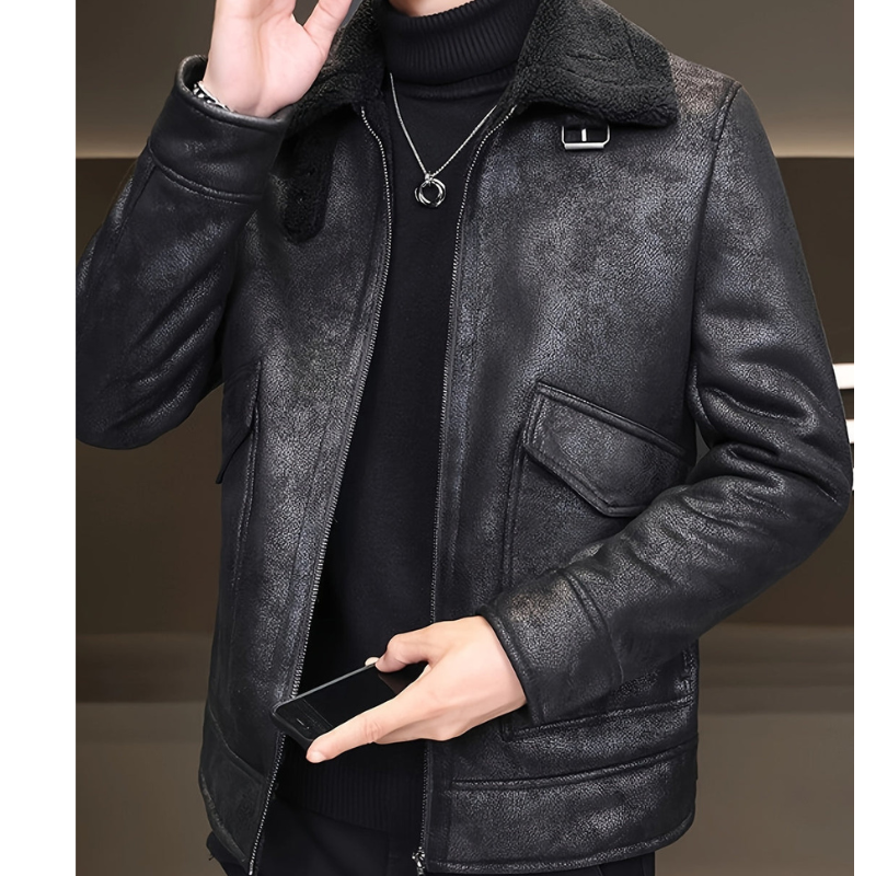 Winterjas Heren | Leren Look Jas met Bontkraag | Warme Voering & Ritssluiting