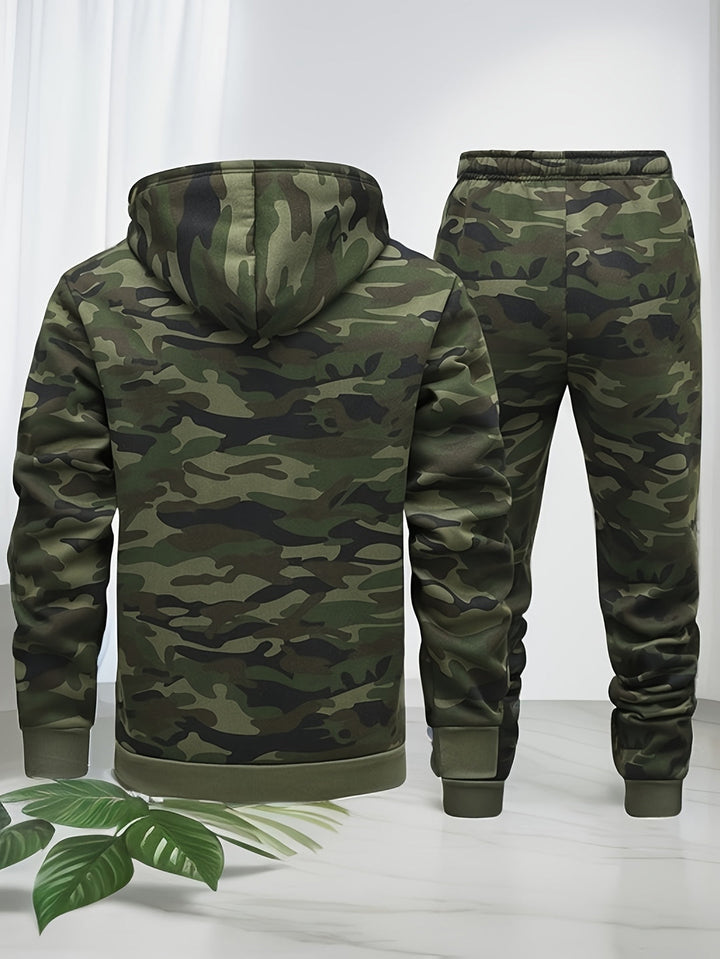 Heren Camouflage Hoodie en Sportpak | Gebreid Polyester | Lange Mouwen | Trekkoord Tailleband