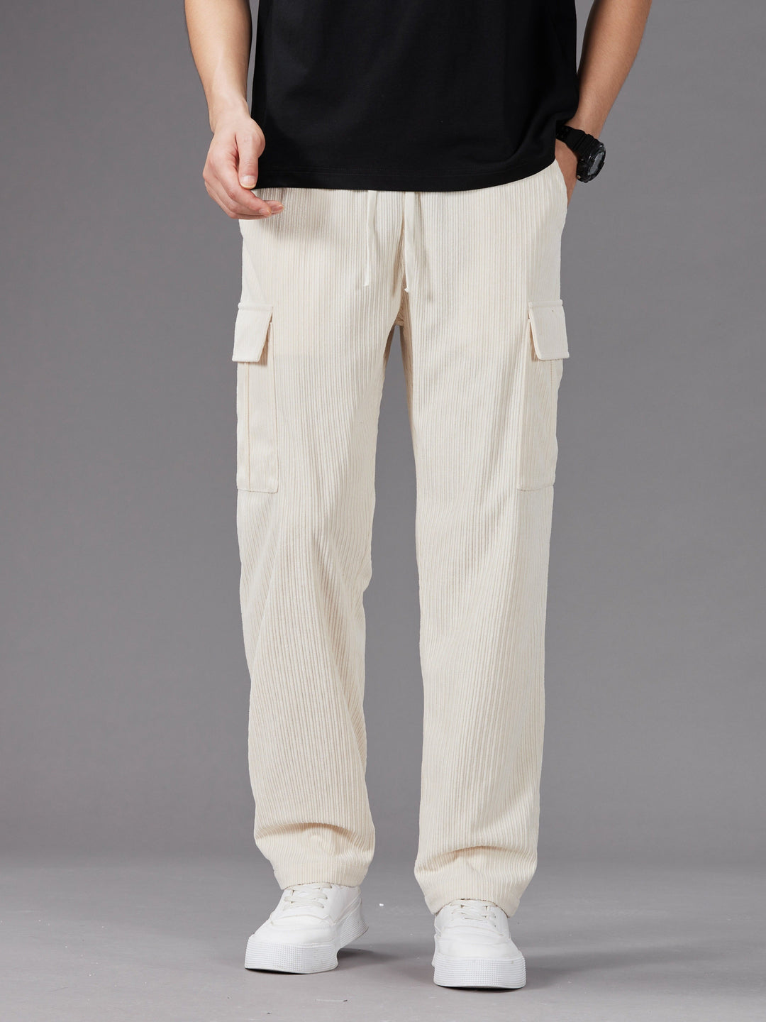 Heren Cargo Broek | Trekkoord Taille | Meerdere Zakken | Effen Outdoor Stijl