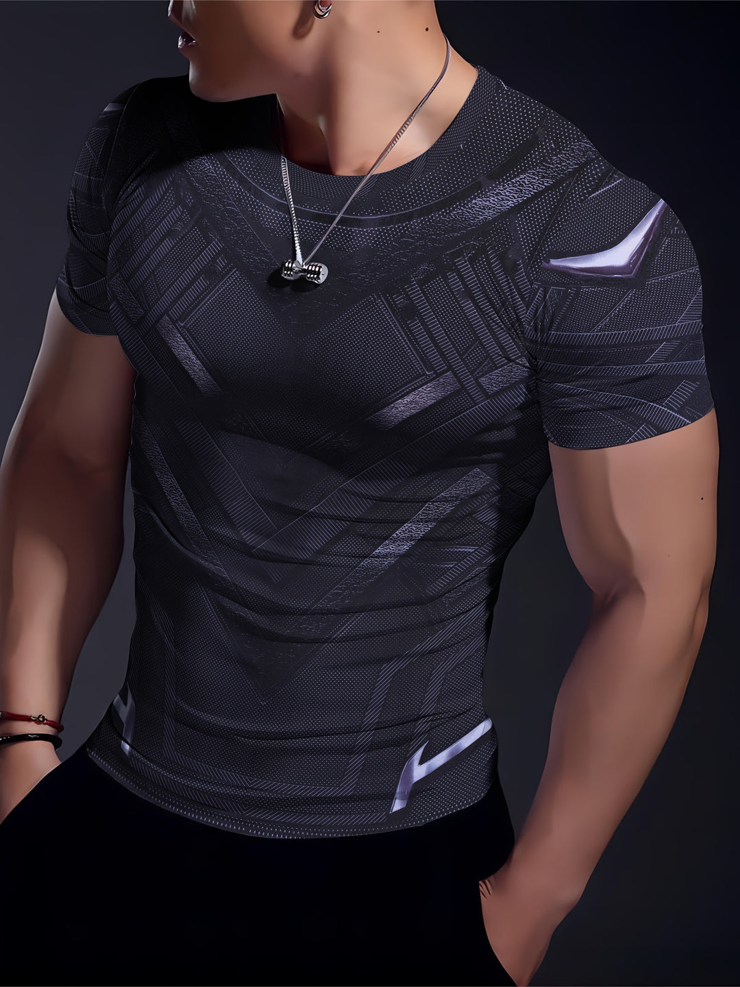 Heren Compressie T-shirt | High-Elastic & Sneldrogend | Geometrisch Patroon | Voor Fitness & Outdoor