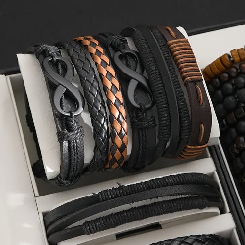 Heren Armband Set | 24-delige Mix | Kunstleer & Houten Kralen | Gelaagd & Trendy