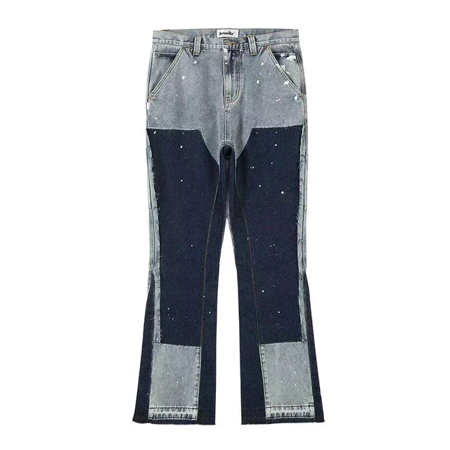 Heren Jeans | Flared Fit & Ink Spat Print | Patchwork Design | Retro Streetwear Stijl